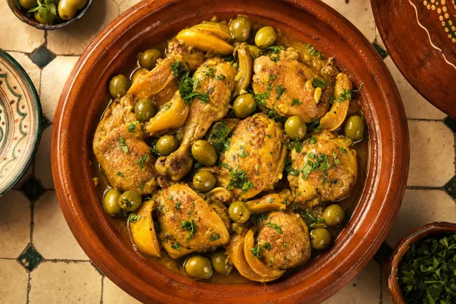 Moroccan chicken tagine with preserved lemon and green olives in a clay tagine
