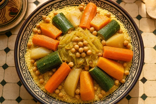 Mound of Moroccan seven-vegetable couscous topped with carrots, squash and chickpeas