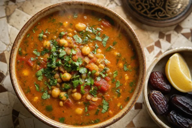 Bowl of Moroccan harira soup with lentils, chickpeas and cilantro, lemon on the side
