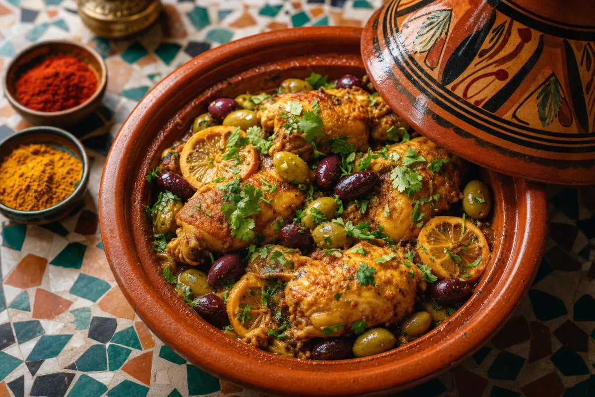 Moroccan chicken tagine with preserved lemon, olives and herbs on a zellige tile surface