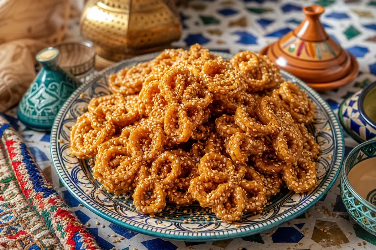 Plate of golden flower-shaped Moroccan chebakia cookies coated in sesame seeds and honey