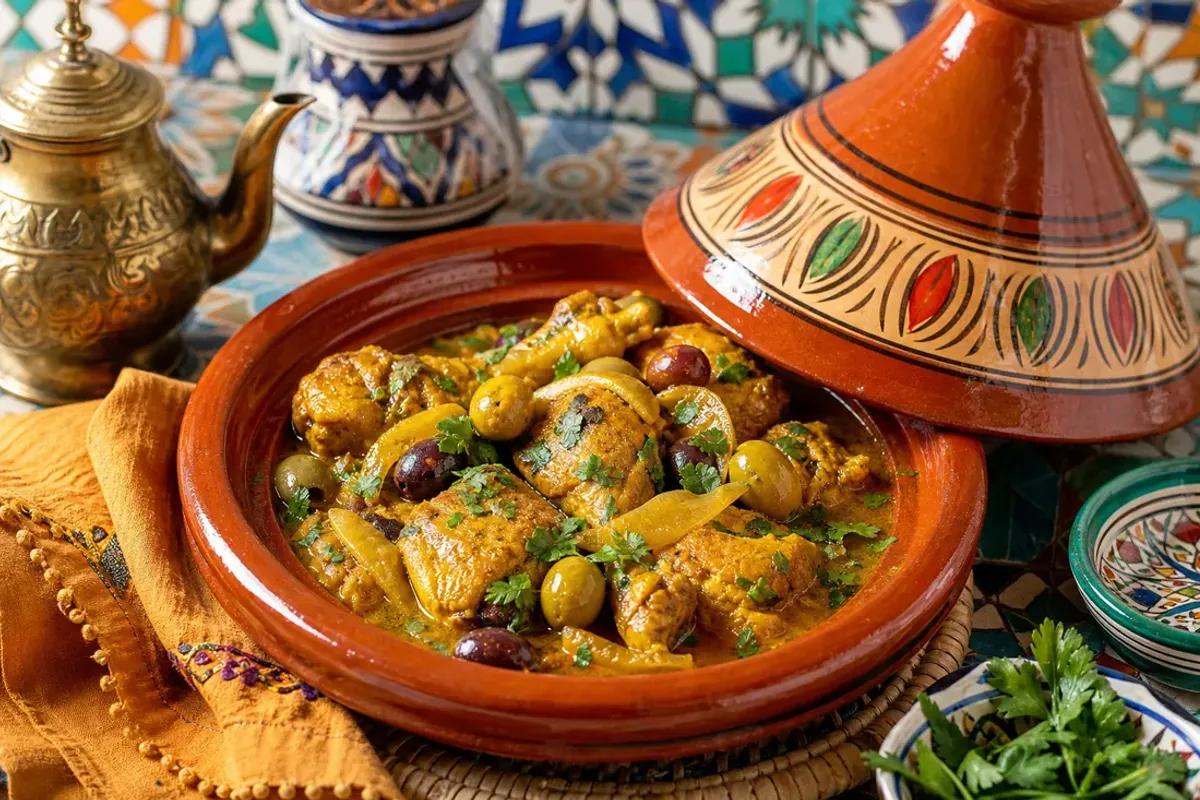 Moroccan chicken tagine with preserved lemon and green olives in a clay tagine