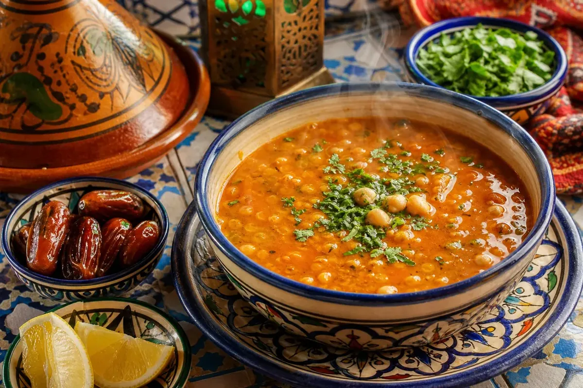 Bowl of Moroccan harira soup with lentils, chickpeas and cilantro, lemon on the side