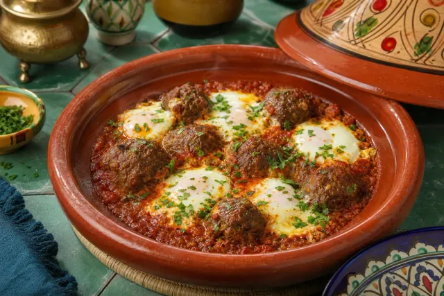 Moroccan kefta tagine with beef meatballs and poached eggs in tomato sauce