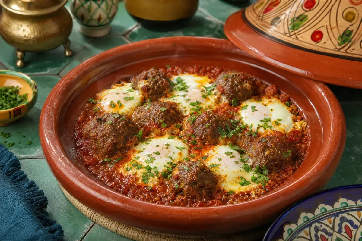 Moroccan kefta tagine with beef meatballs and poached eggs in tomato sauce
