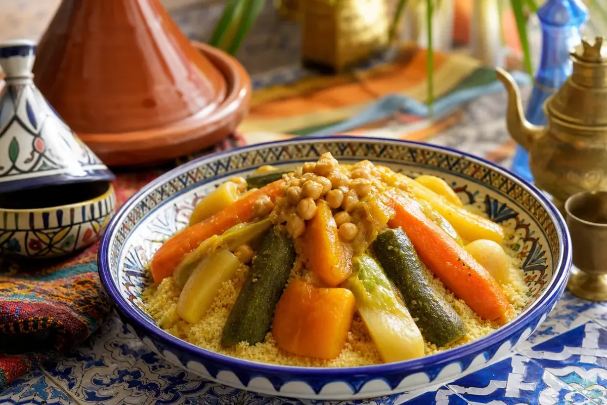 Mound of Moroccan seven-vegetable couscous topped with carrots, squash and chickpeas